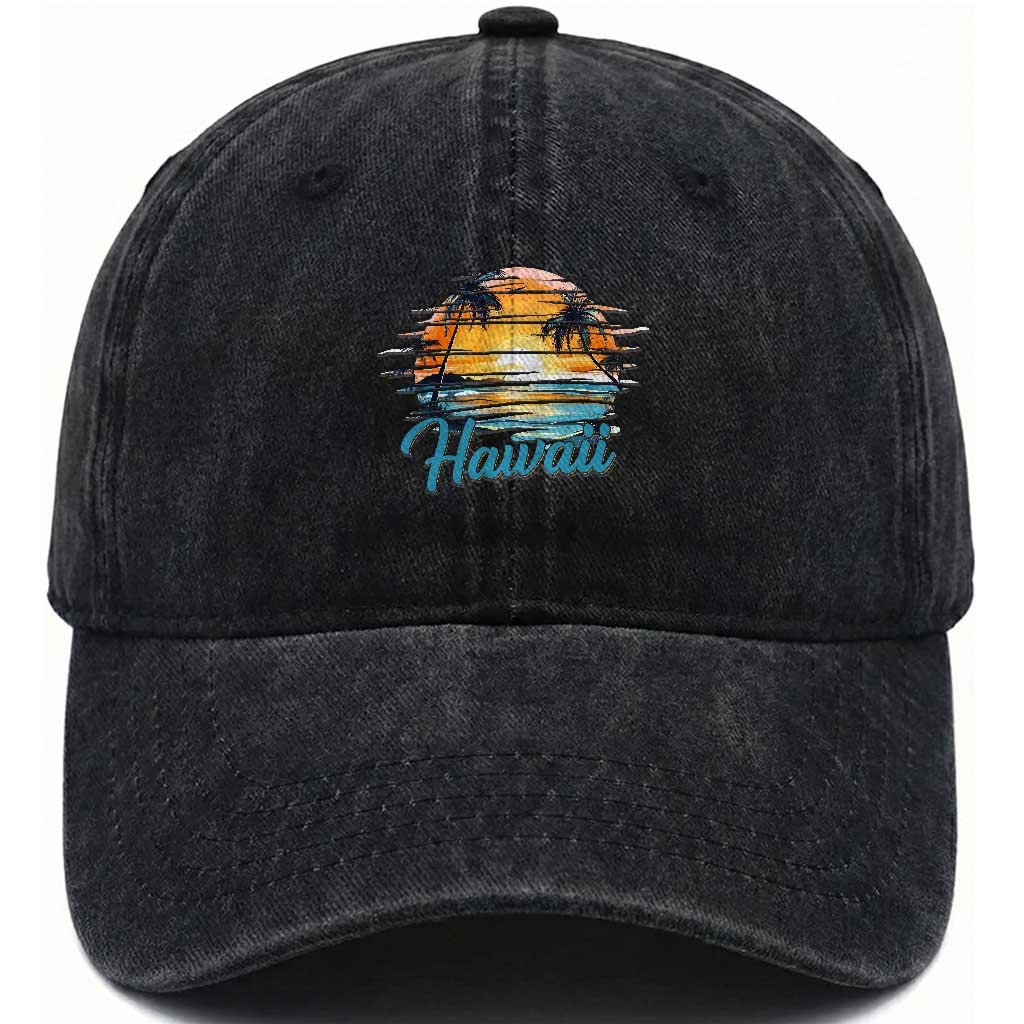 Retro Sunset Palm Tree Hawaii Washed Cotton Baseball Cap Tropical Vacation Graphic TS12 Print Your Wear