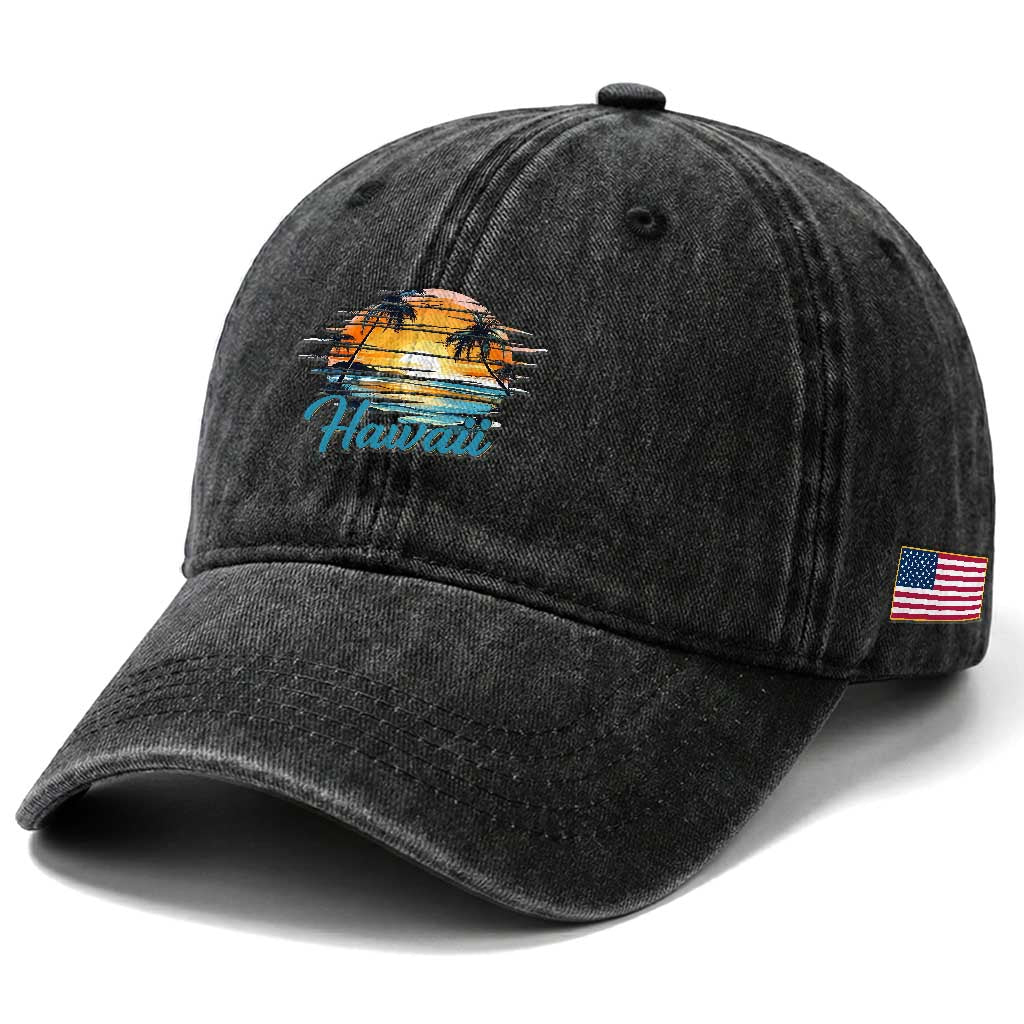 Retro Sunset Palm Tree Hawaii Washed Cotton Baseball Cap Tropical Vacation Graphic TS12 Print Your Wear