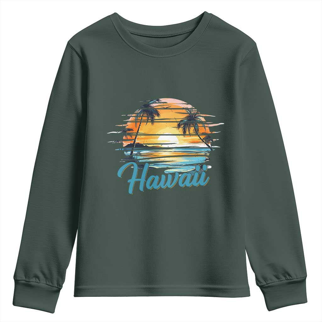 Retro Sunset Palm Tree Hawaii Youth Sweatshirt Tropical Vacation Graphic