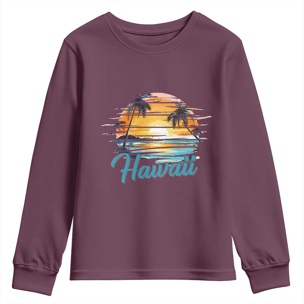 Retro Sunset Palm Tree Hawaii Youth Sweatshirt Tropical Vacation Graphic