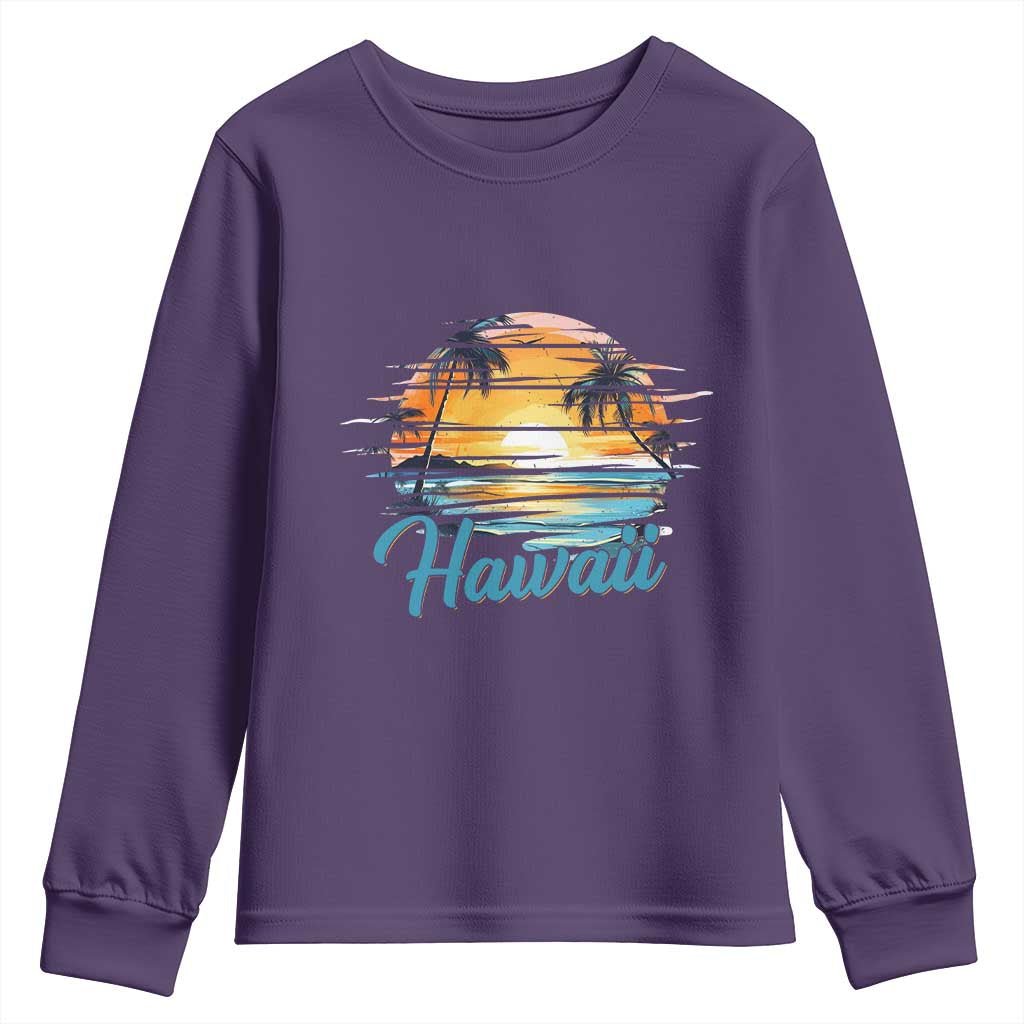 Retro Sunset Palm Tree Hawaii Youth Sweatshirt Tropical Vacation Graphic