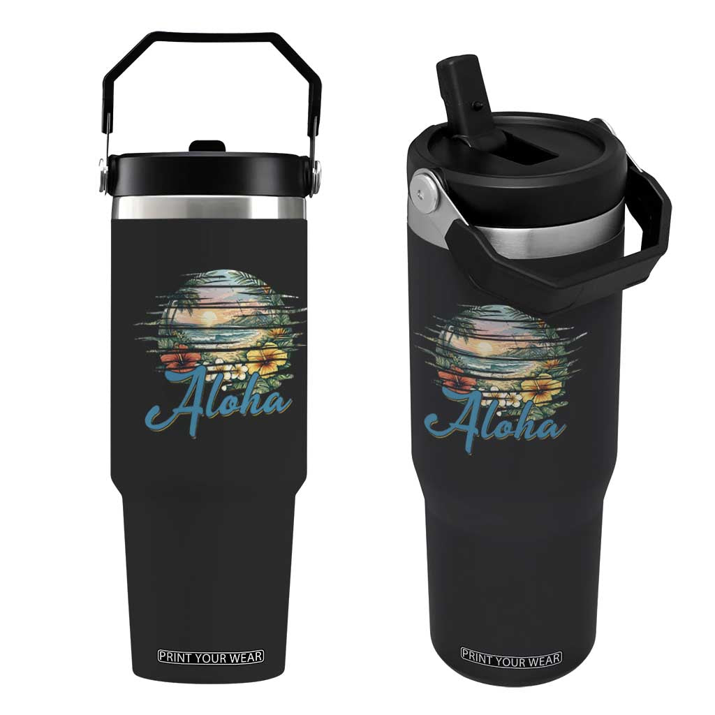 Vintage Hawaii Hibiscus Floral Flip Straw Tumbler Tropical Beach Vacation Graphic TS12 One Size: 30 oz Black Print Your Wear