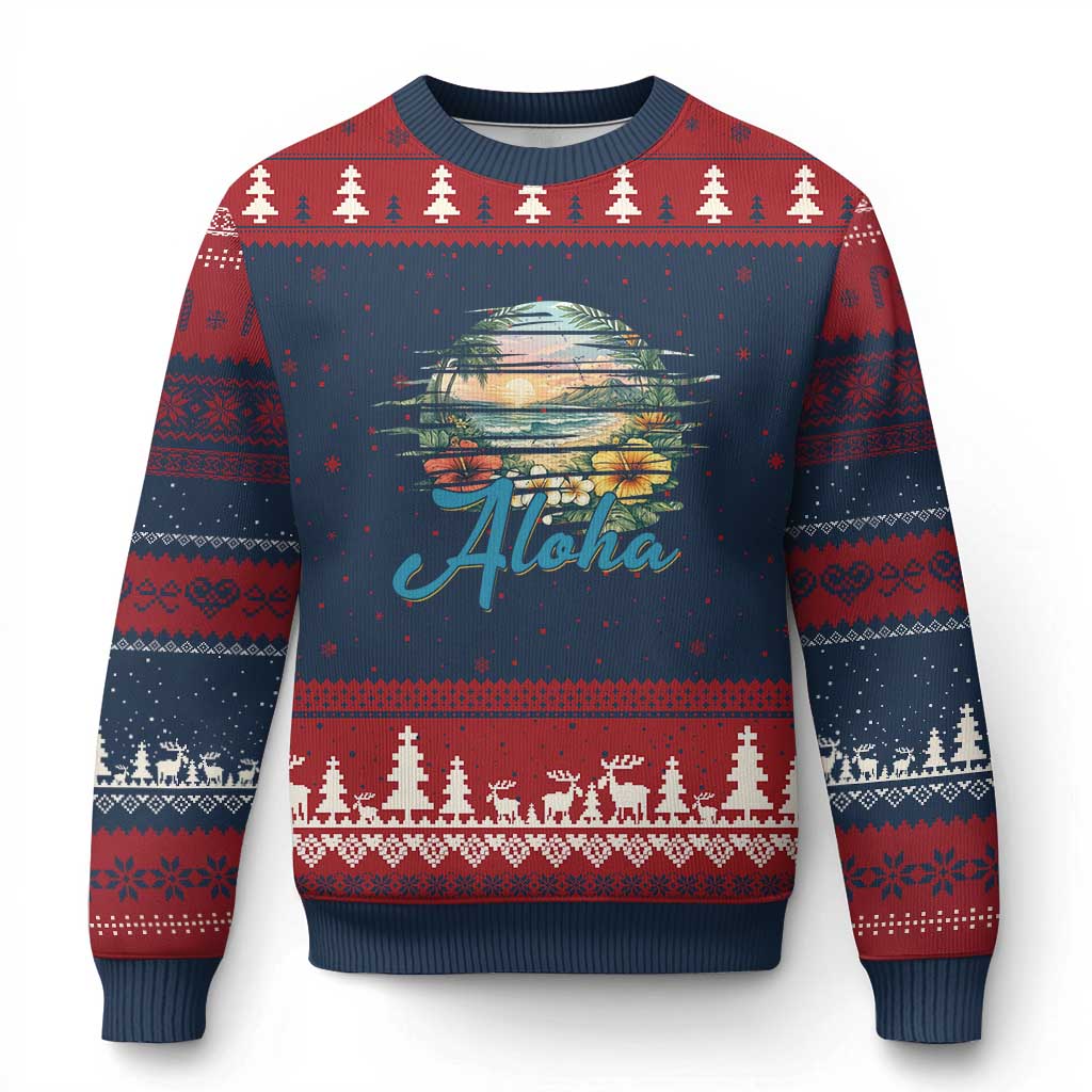 Vintage Hawaii Hibiscus Floral Ugly Christmas Sweater Tropical Beach Vacation Graphic TS12 Navy Red Print Your Wear