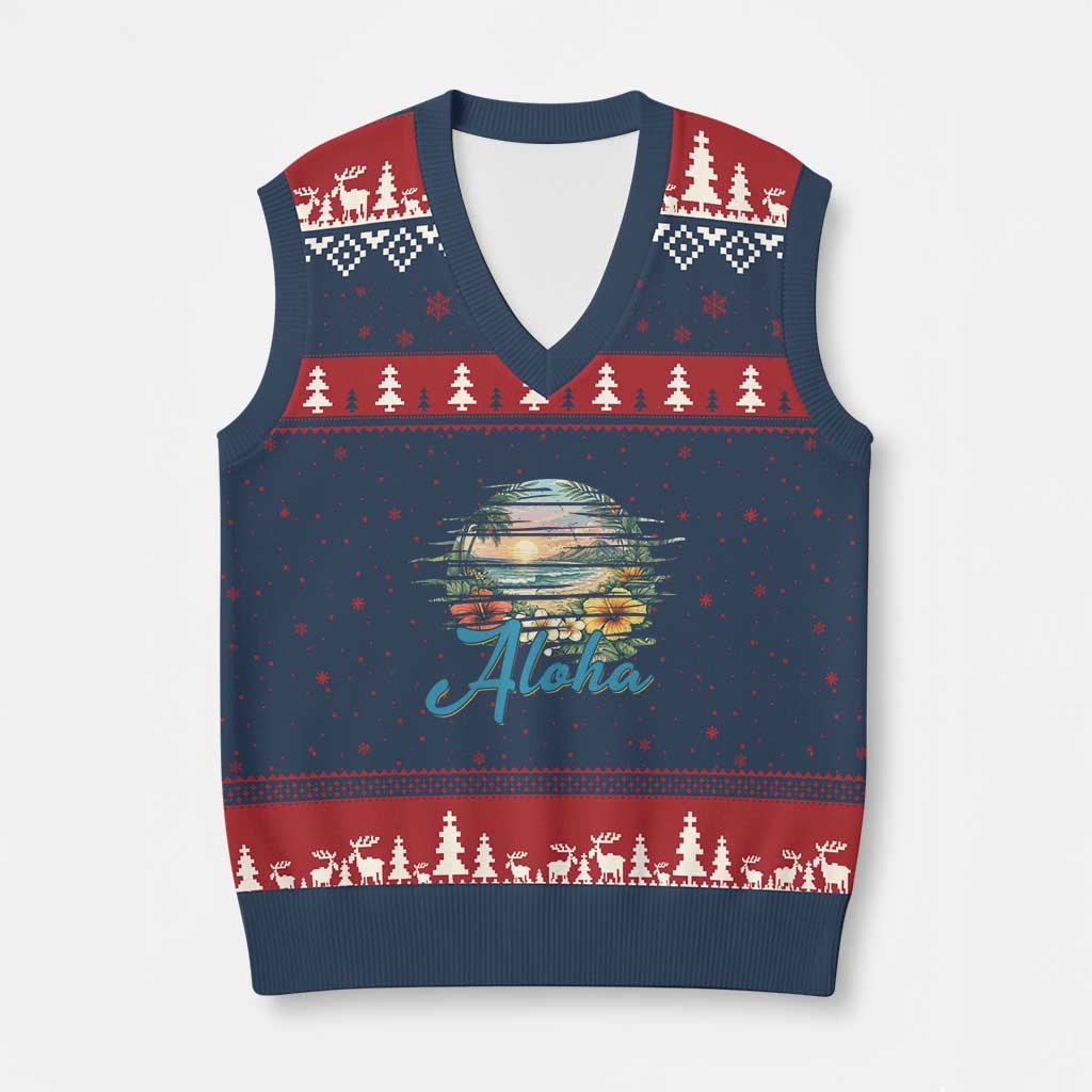 Vintage Hawaii Hibiscus Floral V-Neck Knit Sweater Vest Tropical Beach Vacation Graphic TS12 Navy Red Print Your Wear