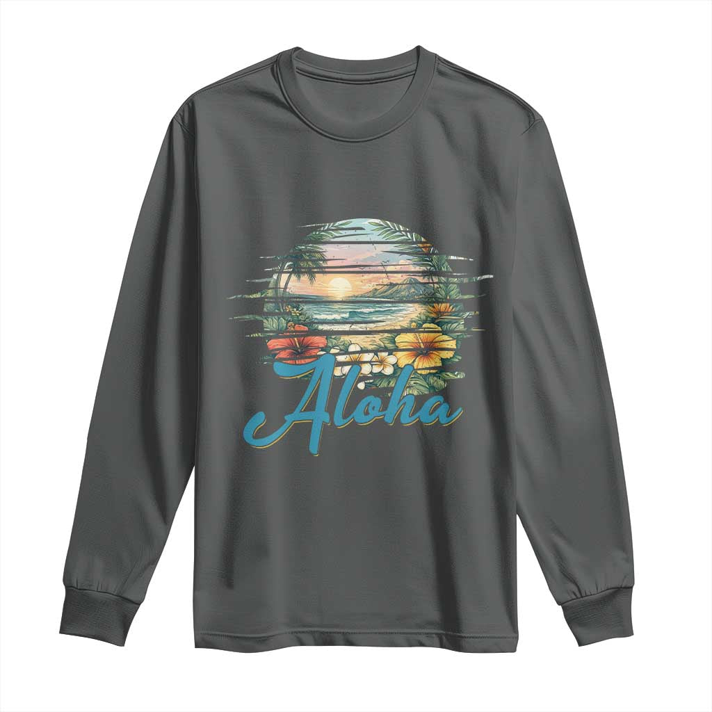 Vintage Hawaii Hibiscus Floral Long Sleeve Shirt Tropical Beach Vacation Graphic TS12 Dark Heather Print Your Wear