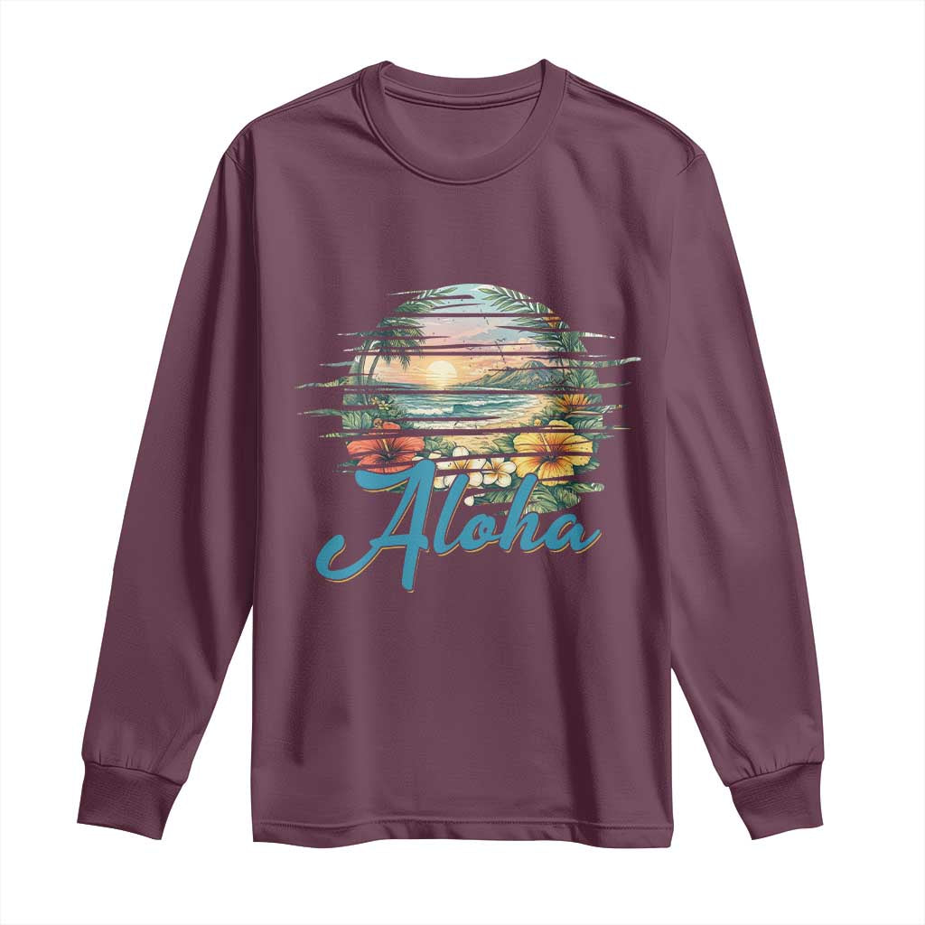 Vintage Hawaii Hibiscus Floral Long Sleeve Shirt Tropical Beach Vacation Graphic TS12 Maroon Print Your Wear