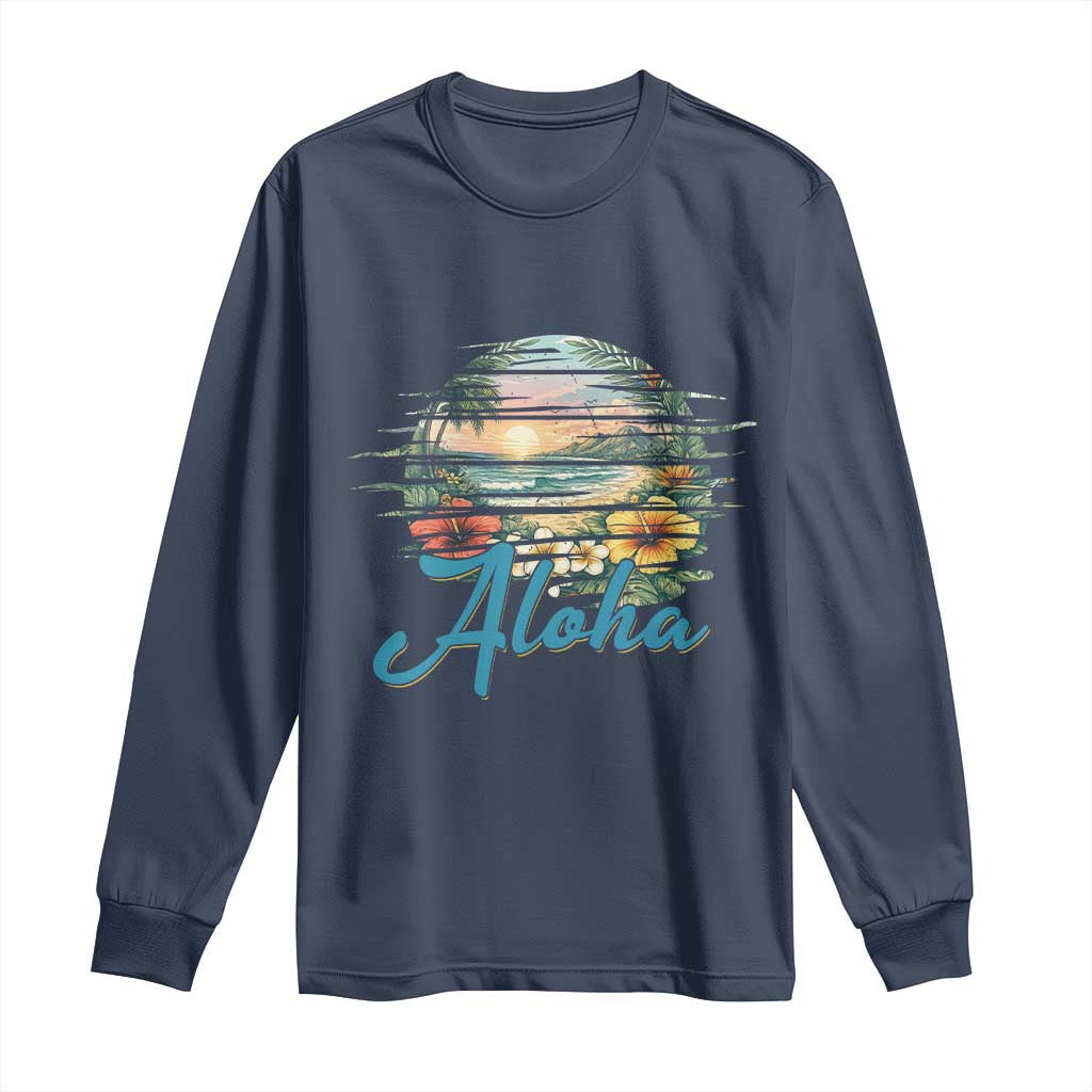 Vintage Hawaii Hibiscus Floral Long Sleeve Shirt Tropical Beach Vacation Graphic TS12 Navy Print Your Wear