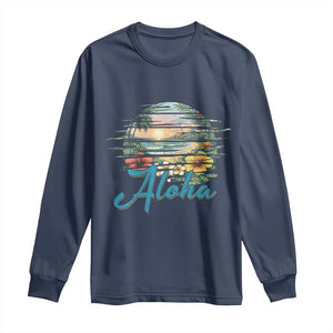 Vintage Hawaii Hibiscus Floral Long Sleeve Shirt Tropical Beach Vacation Graphic TS12 Navy Print Your Wear