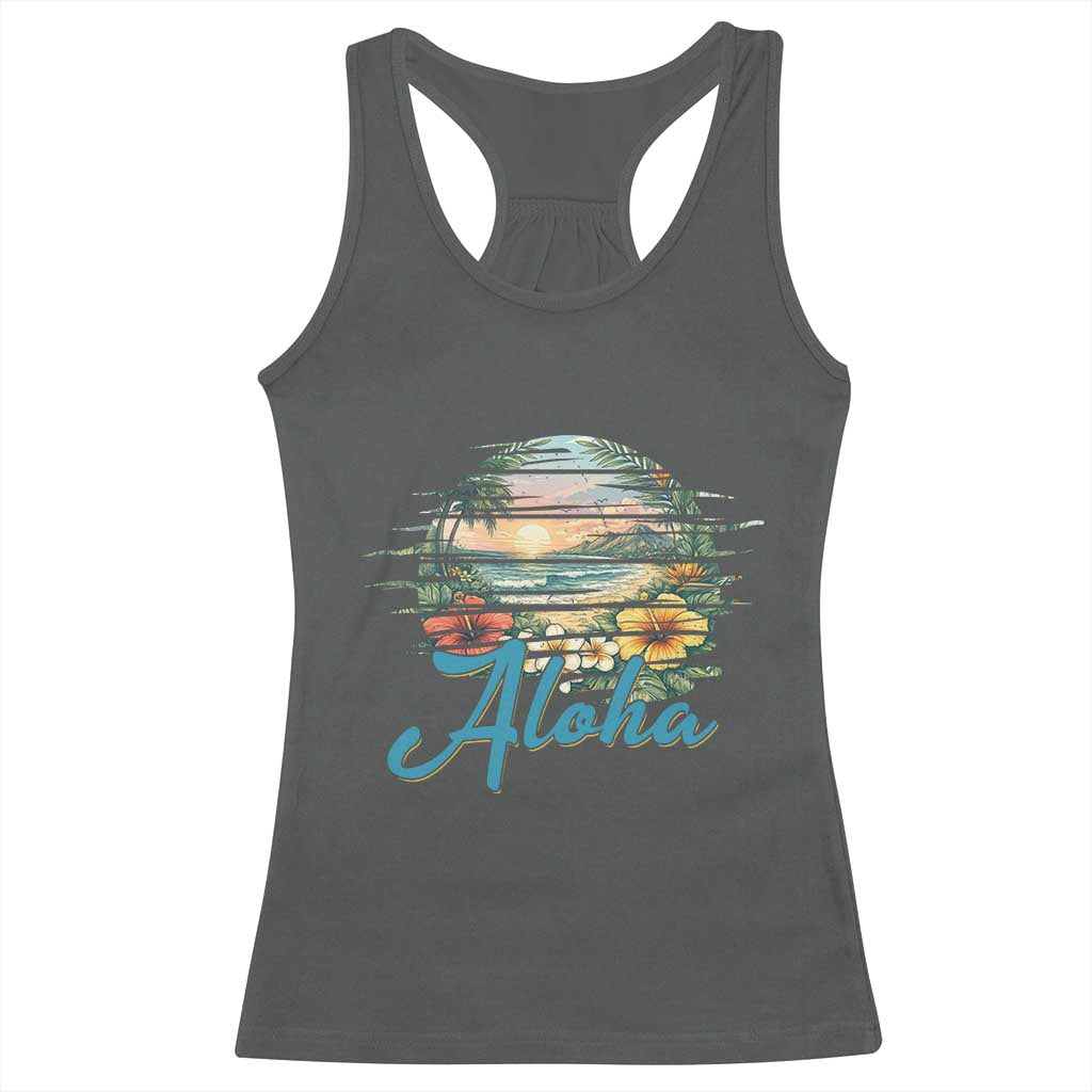 Vintage Hawaii Hibiscus Floral Racerback Tank Top Tropical Beach Vacation Graphic TS12 Dark Heather Print Your Wear