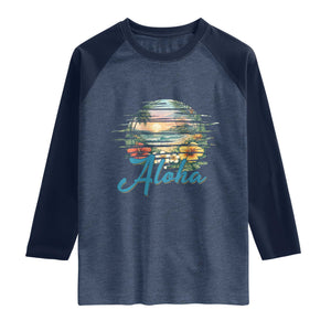 Vintage Hawaii Hibiscus Floral Raglan Shirt Tropical Beach Vacation Graphic TS12 Heather Denim Navy Print Your Wear