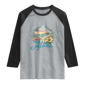 Vintage Hawaii Hibiscus Floral Raglan Shirt Tropical Beach Vacation Graphic TS12 Heather Gray Black Print Your Wear