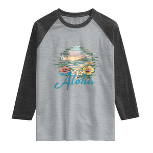 Vintage Hawaii Hibiscus Floral Raglan Shirt Tropical Beach Vacation Graphic TS12 Heather Gray Heather Charcoal Print Your Wear
