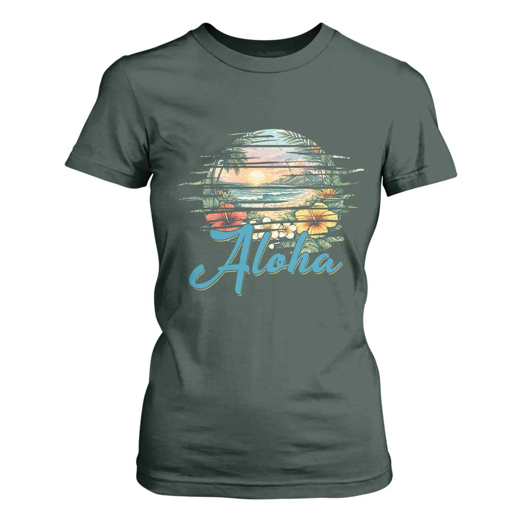 Vintage Hawaii Hibiscus Floral T Shirt For Women Tropical Beach Vacation Graphic TS12 Dark Forest Green Print Your Wear
