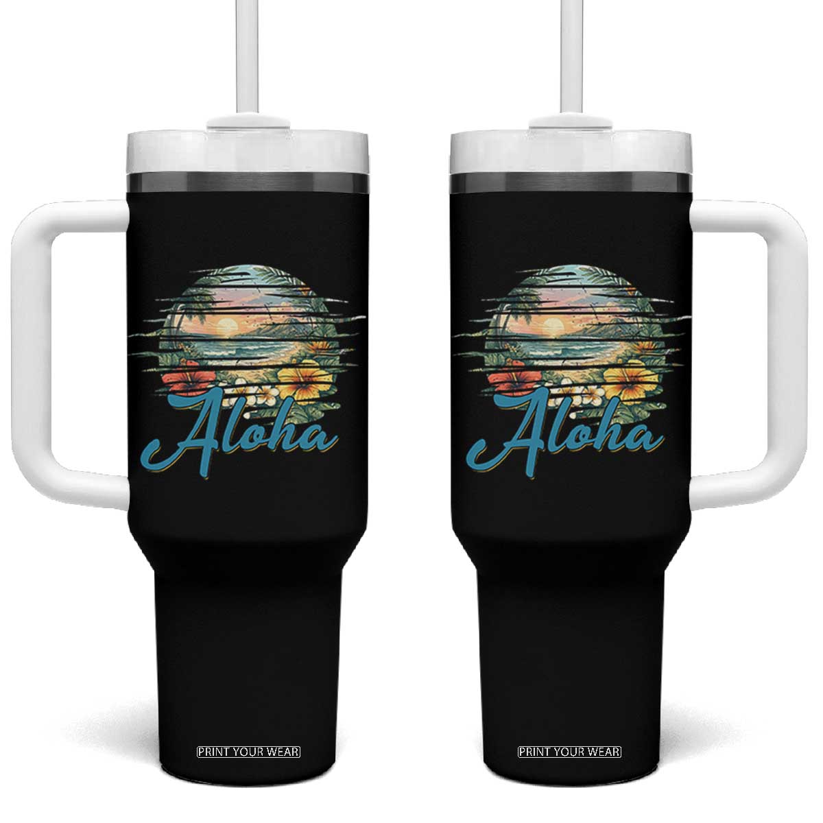 Vintage Hawaii Hibiscus Floral Tumbler With Handle Tropical Beach Vacation Graphic