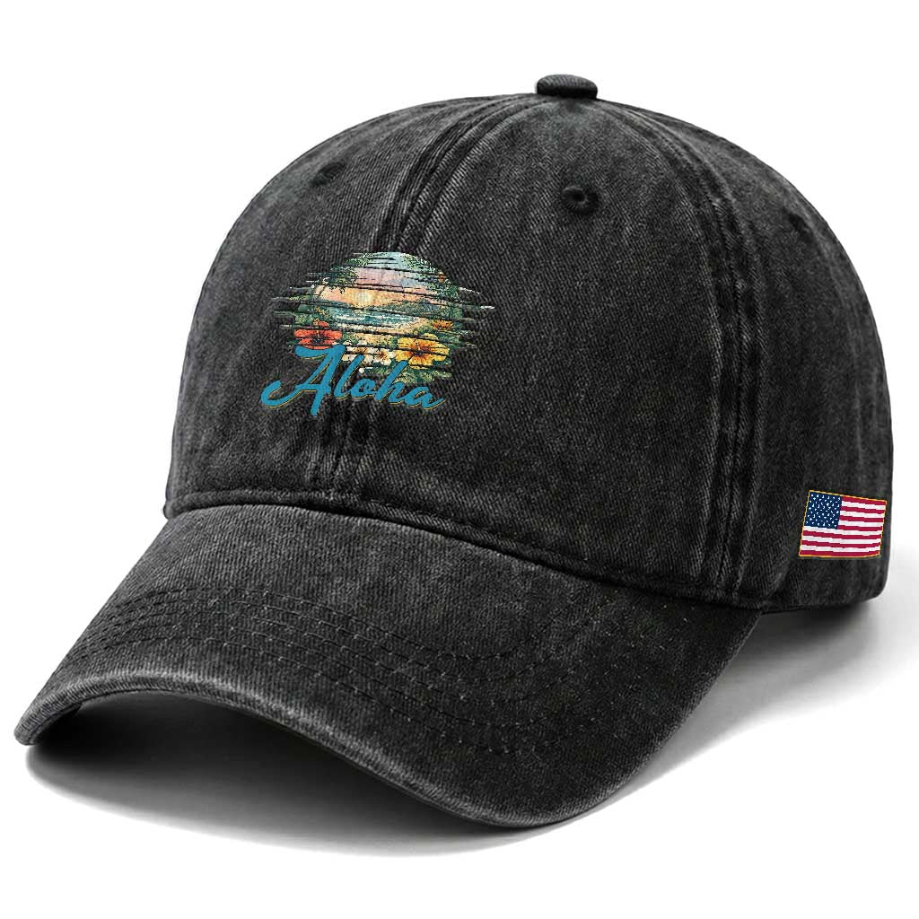 Vintage Hawaii Hibiscus Floral Washed Cotton Baseball Cap Tropical Beach Vacation Graphic TS12 Print Your Wear