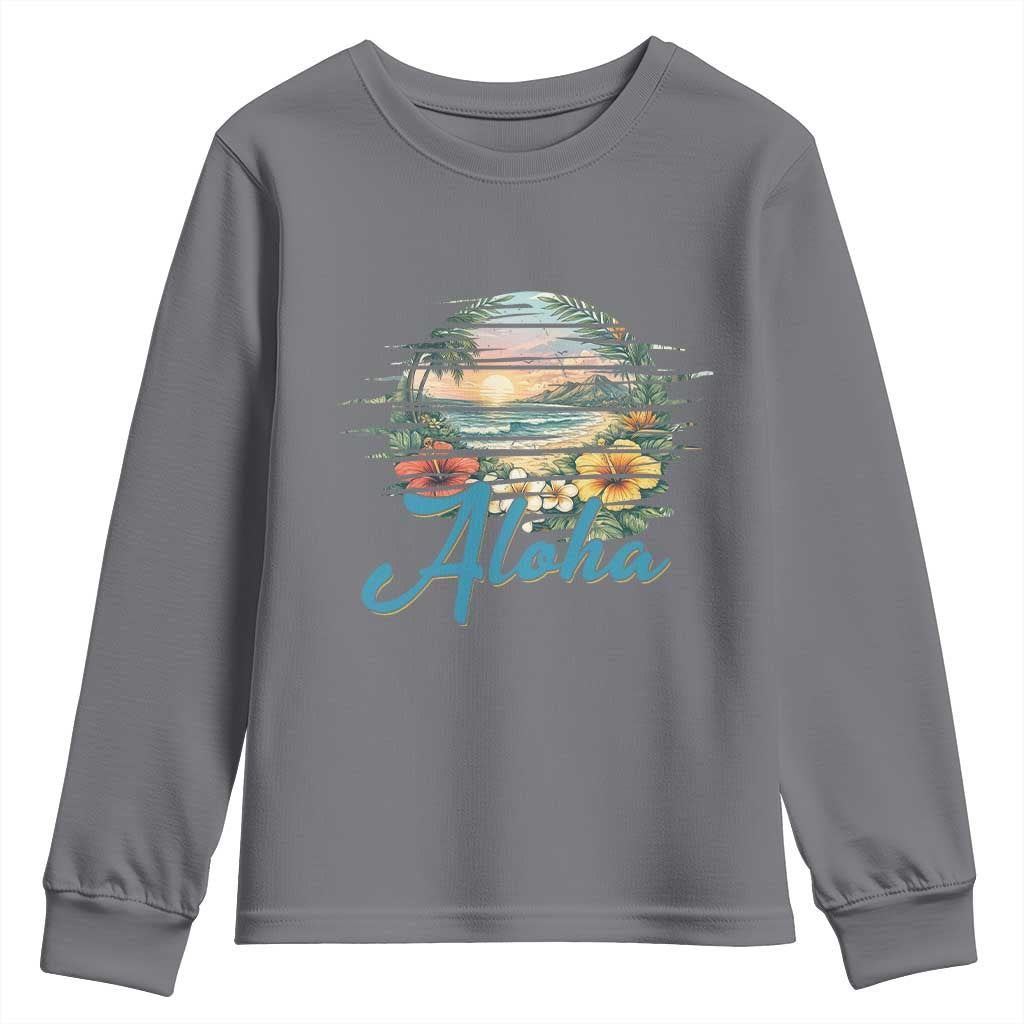 Vintage Hawaii Hibiscus Floral Youth Sweatshirt Tropical Beach Vacation Graphic TS12 Charcoal Print Your Wear