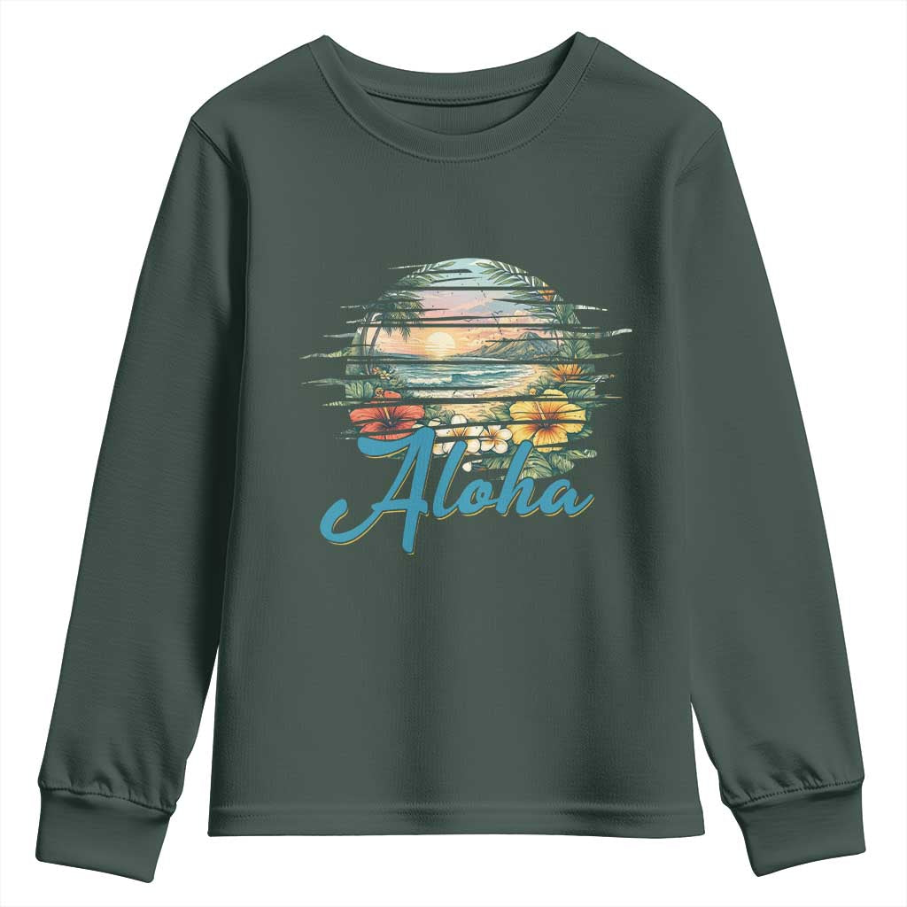 Vintage Hawaii Hibiscus Floral Youth Sweatshirt Tropical Beach Vacation Graphic TS12 Dark Forest Green Print Your Wear