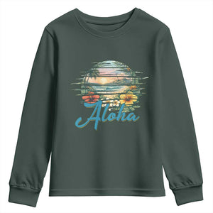 Vintage Hawaii Hibiscus Floral Youth Sweatshirt Tropical Beach Vacation Graphic TS12 Dark Forest Green Print Your Wear
