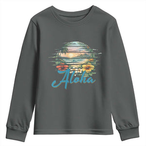 Vintage Hawaii Hibiscus Floral Youth Sweatshirt Tropical Beach Vacation Graphic TS12 Dark Heather Print Your Wear