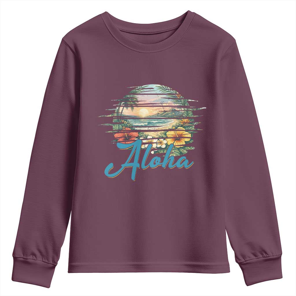 Vintage Hawaii Hibiscus Floral Youth Sweatshirt Tropical Beach Vacation Graphic TS12 Maroon Print Your Wear