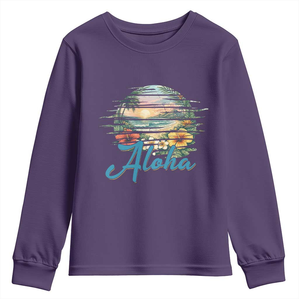 Vintage Hawaii Hibiscus Floral Youth Sweatshirt Tropical Beach Vacation Graphic TS12 Purple Print Your Wear