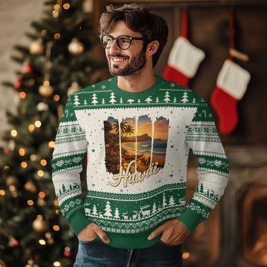 Vintage Hawaii Beach Travel Ugly Christmas Sweater Sunset Ocean Landscape TS12 Beige Green Print Your Wear