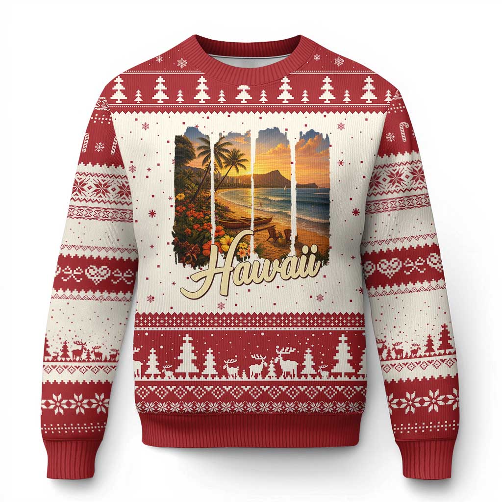 Vintage Hawaii Beach Travel Ugly Christmas Sweater Sunset Ocean Landscape TS12 Beige Red Print Your Wear