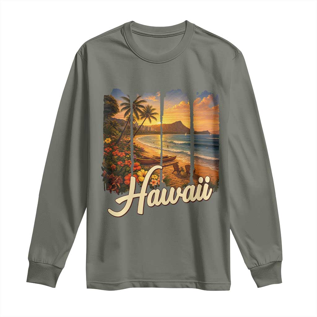 Vintage Hawaii Beach Travel Long Sleeve Shirt Sunset Ocean Landscape TS12 Military Green Print Your Wear