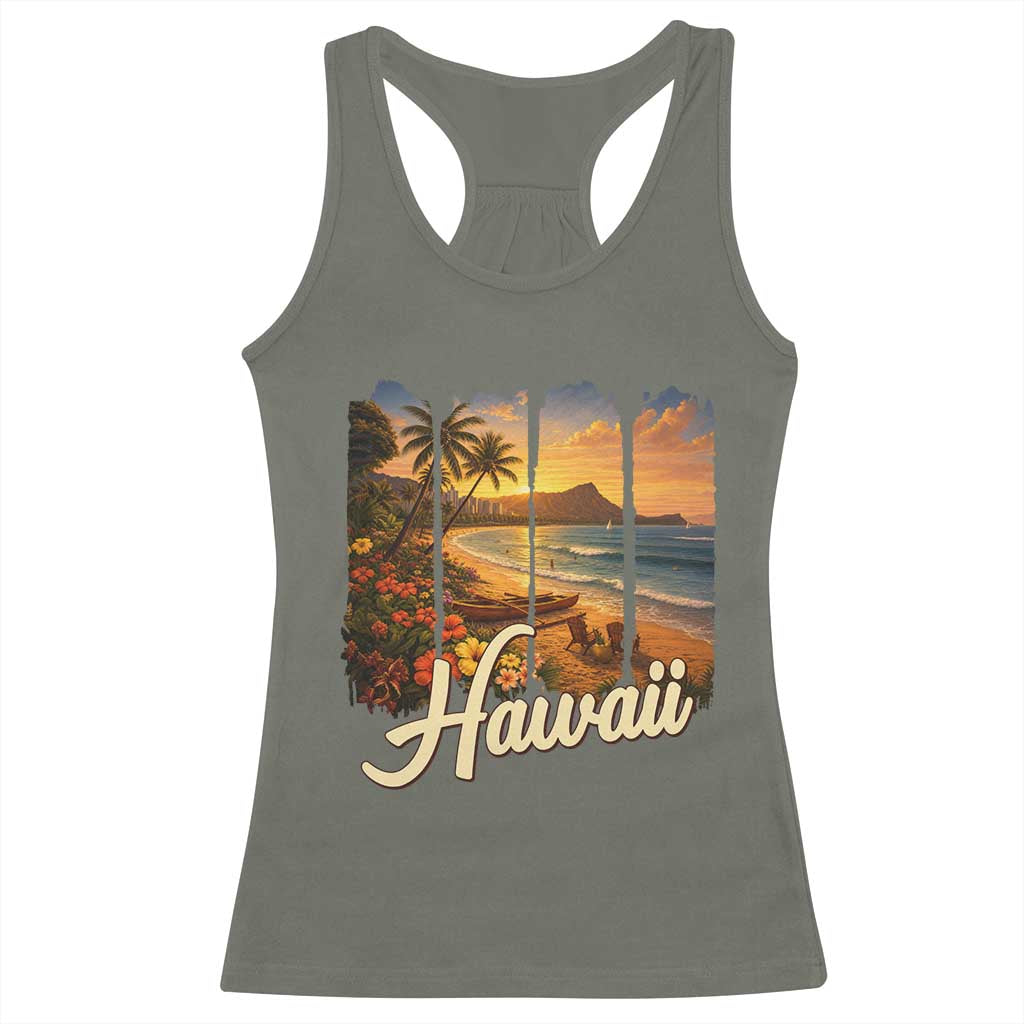 Vintage Hawaii Beach Travel Racerback Tank Top Sunset Ocean Landscape TS12 Military Green Print Your Wear
