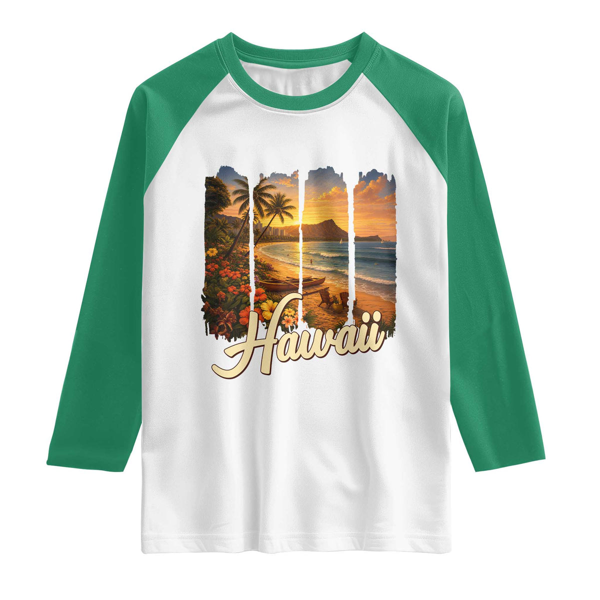 Vintage Hawaii Beach Travel Raglan Shirt Sunset Ocean Landscape TS12 White Kelly Green Print Your Wear