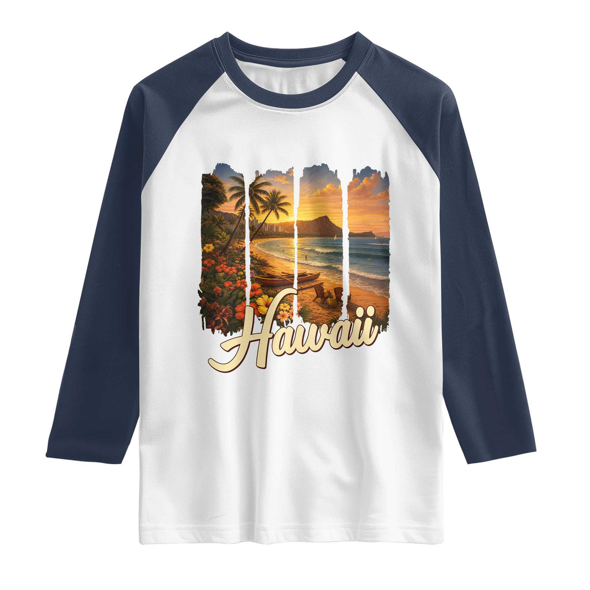 Vintage Hawaii Beach Travel Raglan Shirt Sunset Ocean Landscape TS12 White Navy Print Your Wear