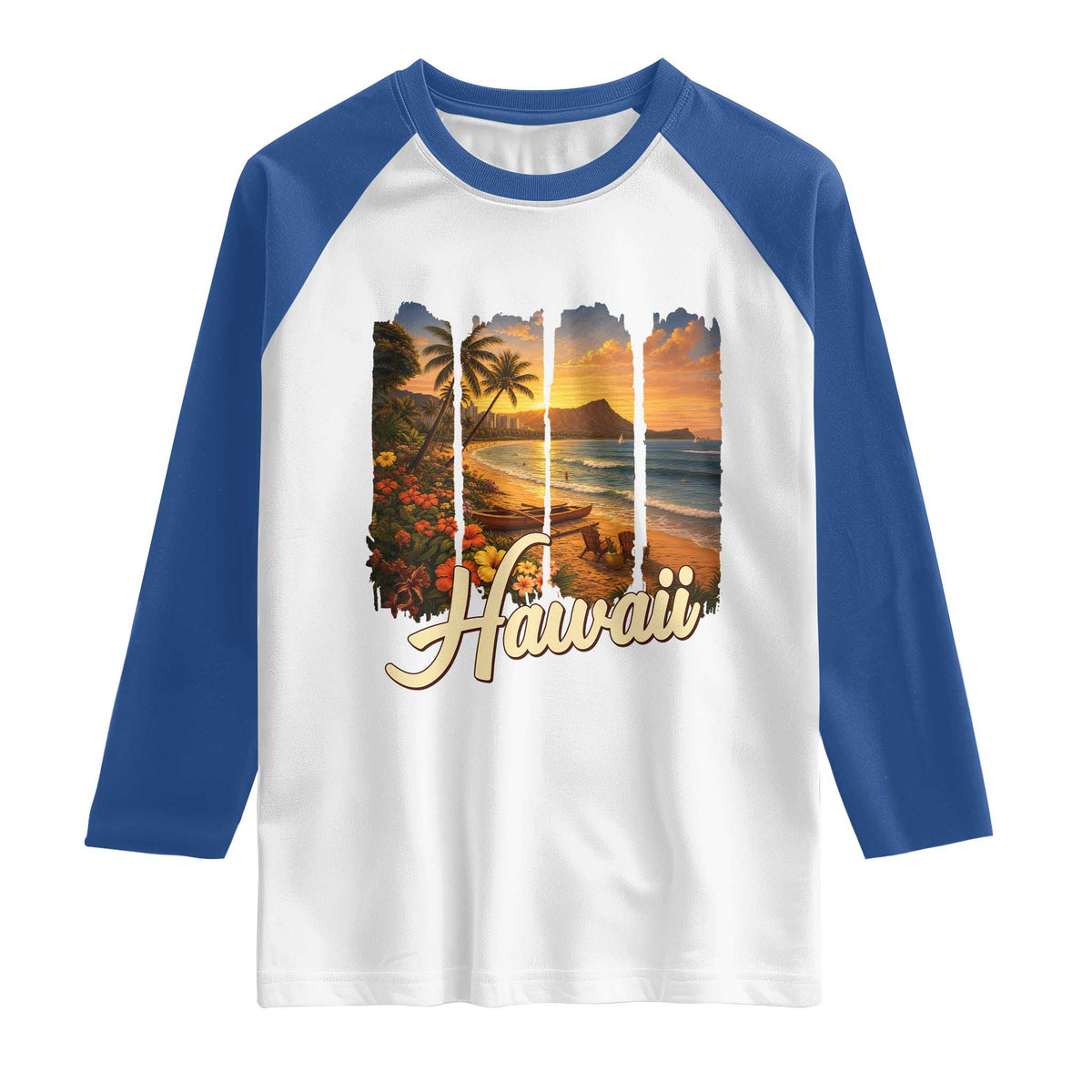 Vintage Hawaii Beach Travel Raglan Shirt Sunset Ocean Landscape TS12 White Royal Print Your Wear