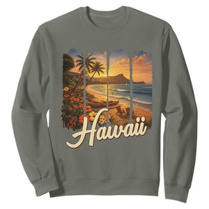 Vintage Hawaii Beach Travel Sweatshirt Sunset Ocean Landscape TS12 Military Green Print Your Wear