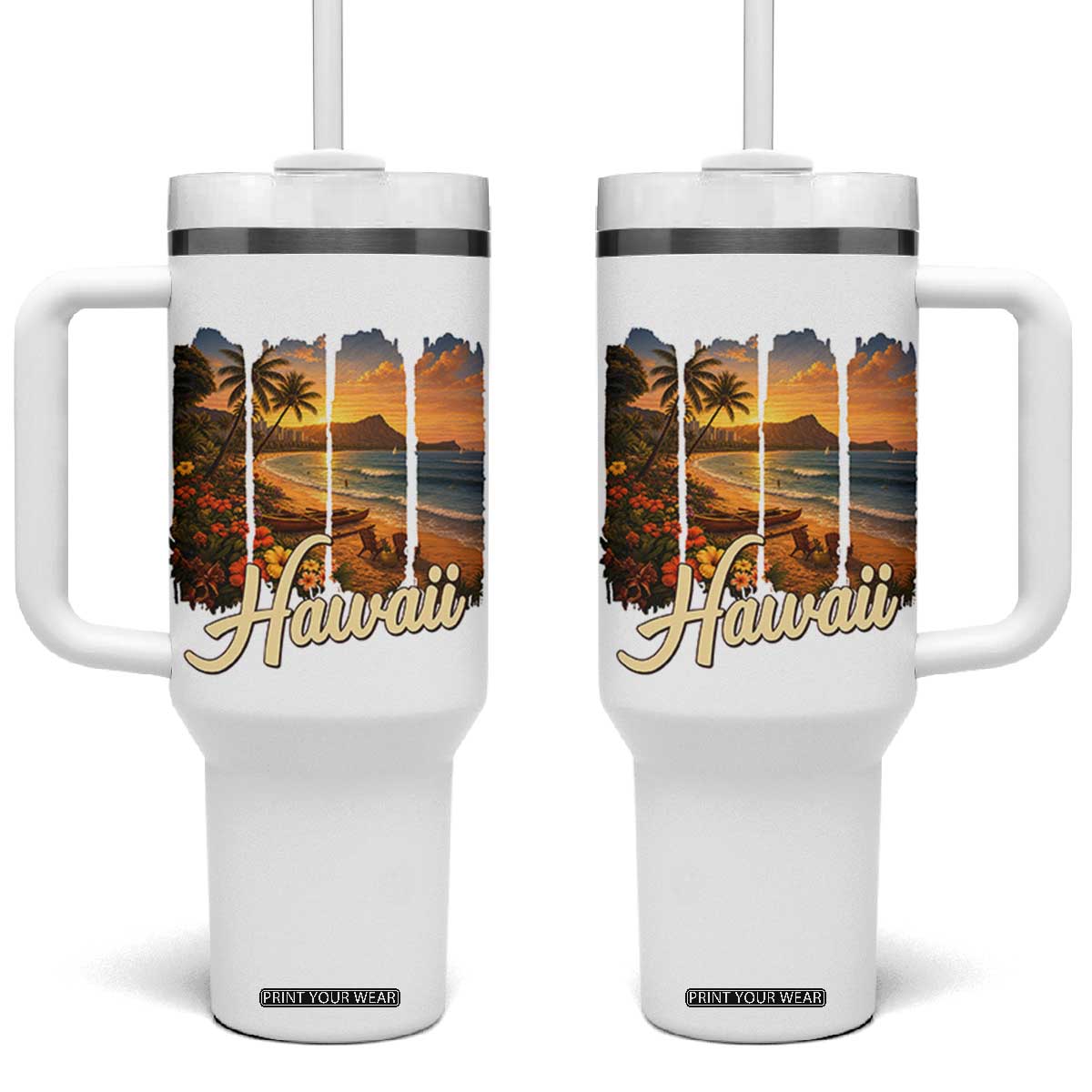 Vintage Hawaii Beach Travel Tumbler With Handle Sunset Ocean Landscape TS12 One Size: 40 oz White Print Your Wear