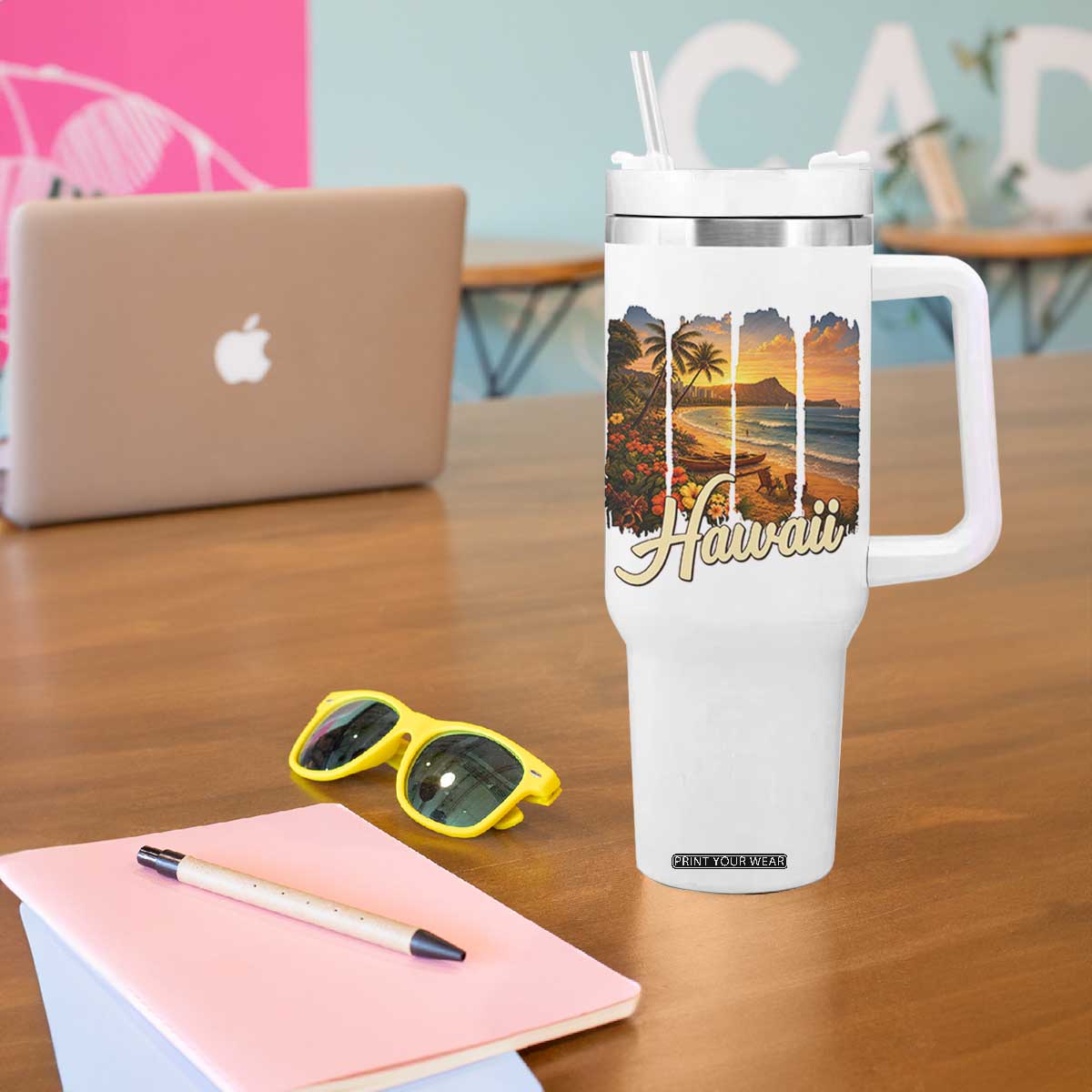 Vintage Hawaii Beach Travel Tumbler With Handle Sunset Ocean Landscape TS12 Print Your Wear