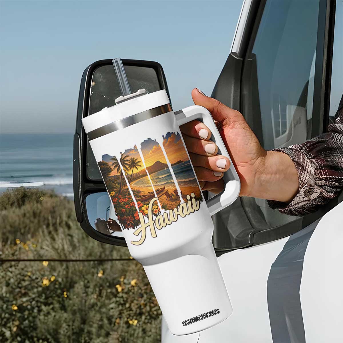 Vintage Hawaii Beach Travel Tumbler With Handle Sunset Ocean Landscape TS12 Print Your Wear