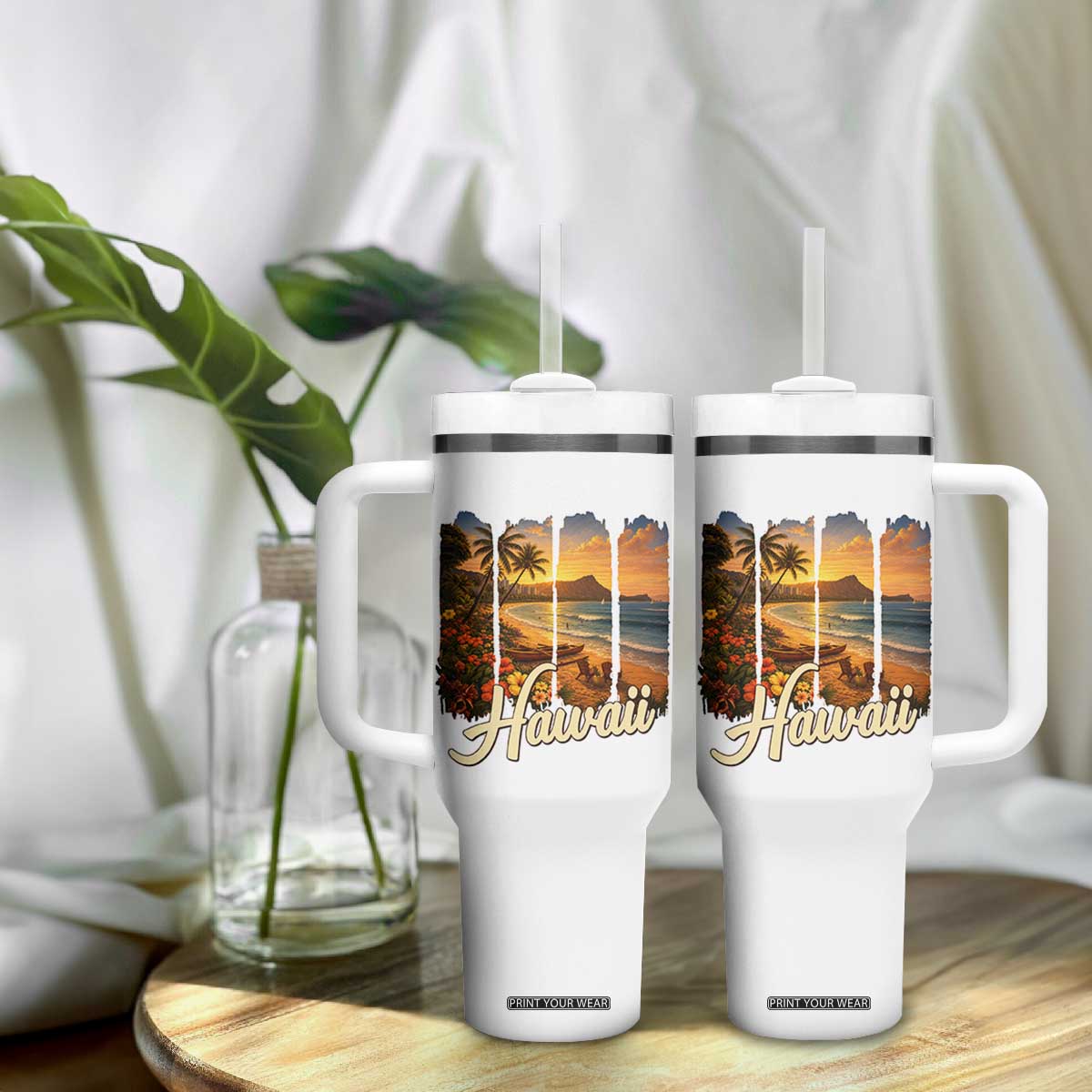 Vintage Hawaii Beach Travel Tumbler With Handle Sunset Ocean Landscape TS12 Print Your Wear