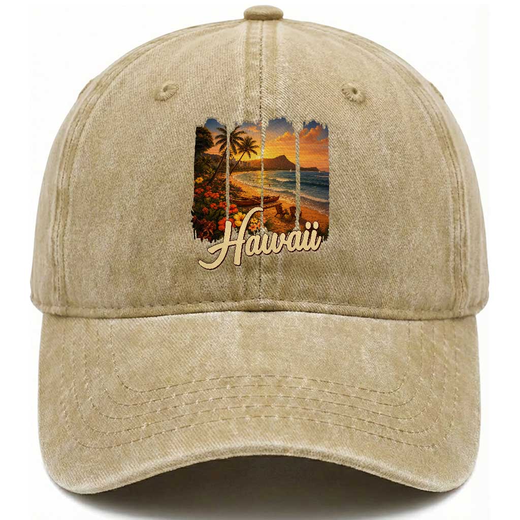 Vintage Hawaii Beach Travel Washed Cotton Baseball Cap Sunset Ocean Landscape TS12 Print Your Wear