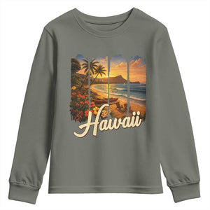 Vintage Hawaii Beach Travel Youth Sweatshirt Sunset Ocean Landscape TS12 Military Green Print Your Wear