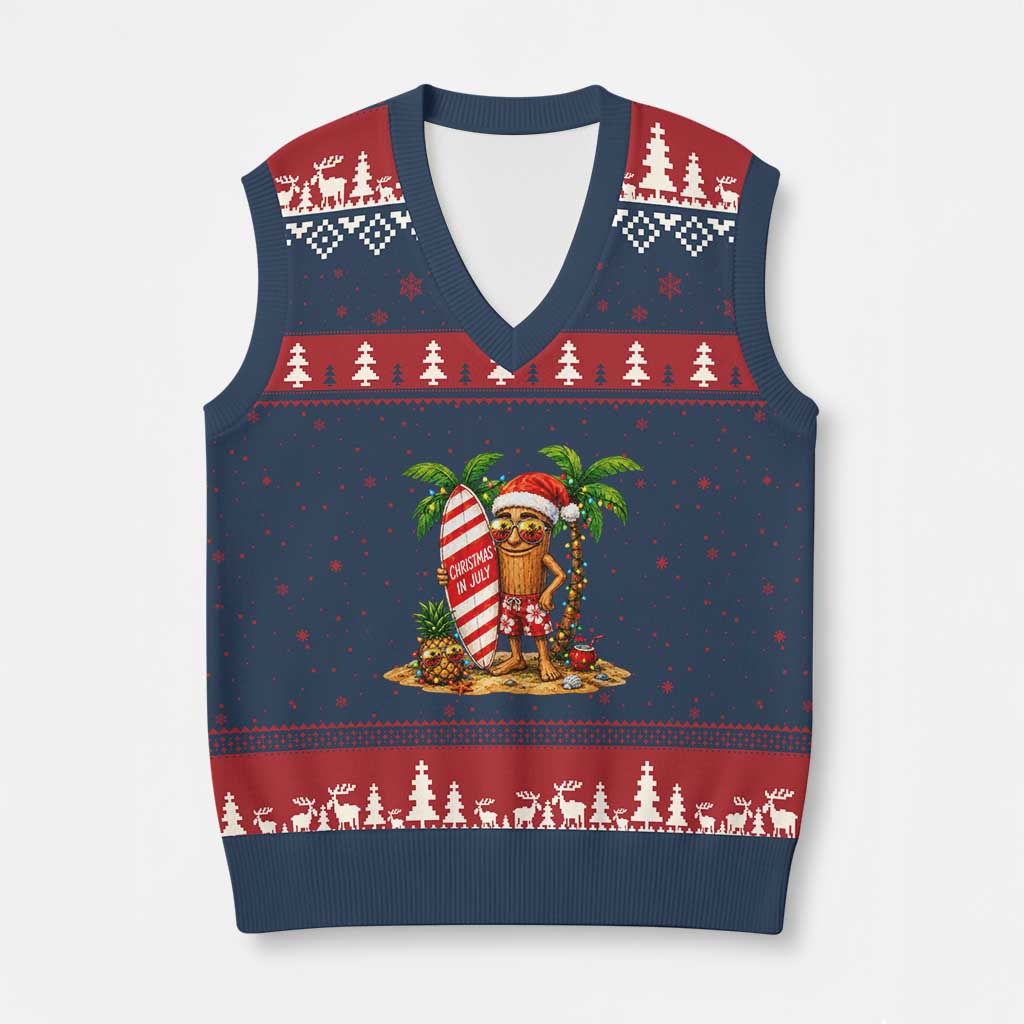 Funny Tung Tung Sahur Christmas In July V-Neck Knit Sweater Vest Beach Party Vacation TS12 Navy Red Print Your Wear
