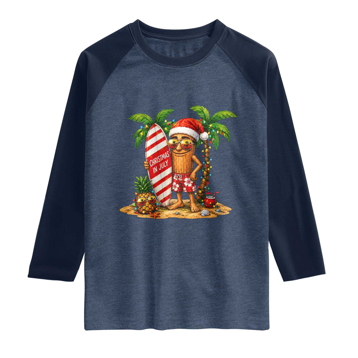 Funny Tung Tung Sahur Christmas In July Raglan Shirt Beach Party Vacation TS12 Heather Denim Navy Print Your Wear