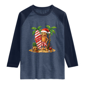 Funny Tung Tung Sahur Christmas In July Raglan Shirt Beach Party Vacation TS12 Heather Denim Navy Print Your Wear