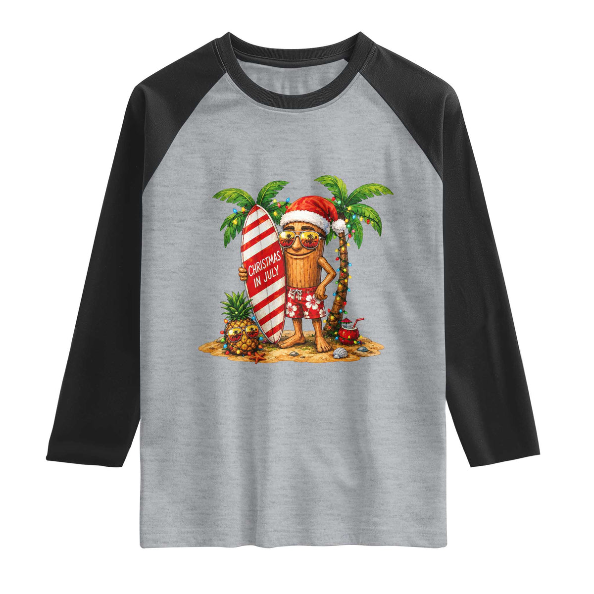 Funny Tung Tung Sahur Christmas In July Raglan Shirt Beach Party Vacation TS12 Heather Gray Black Print Your Wear