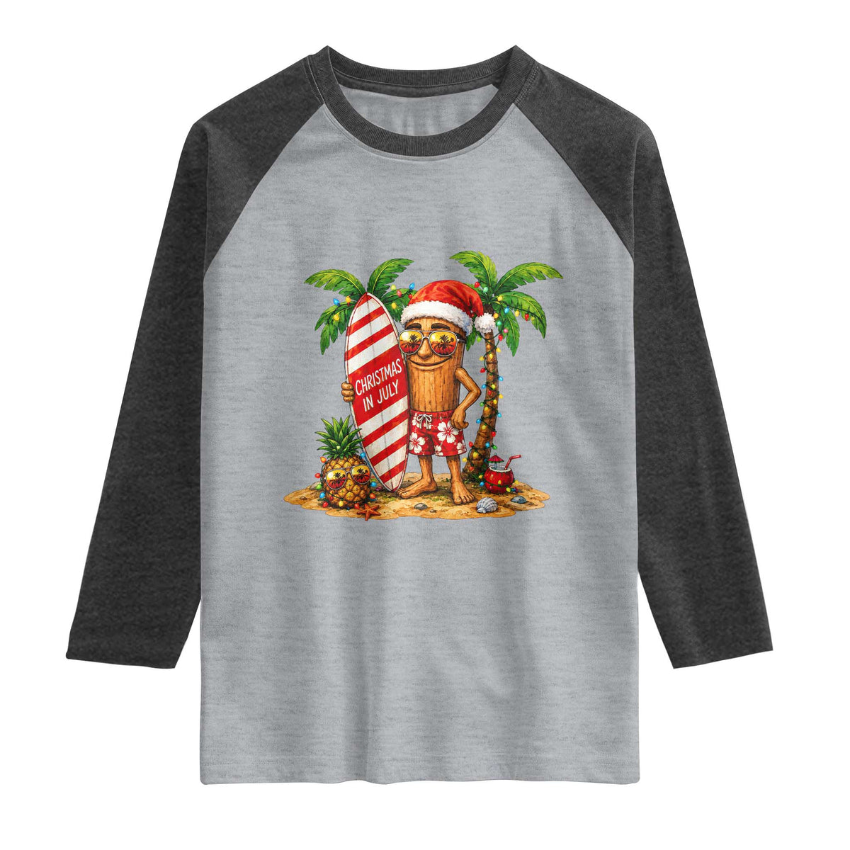 Funny Tung Tung Sahur Christmas In July Raglan Shirt Beach Party Vacation TS12 Heather Gray Heather Charcoal Print Your Wear