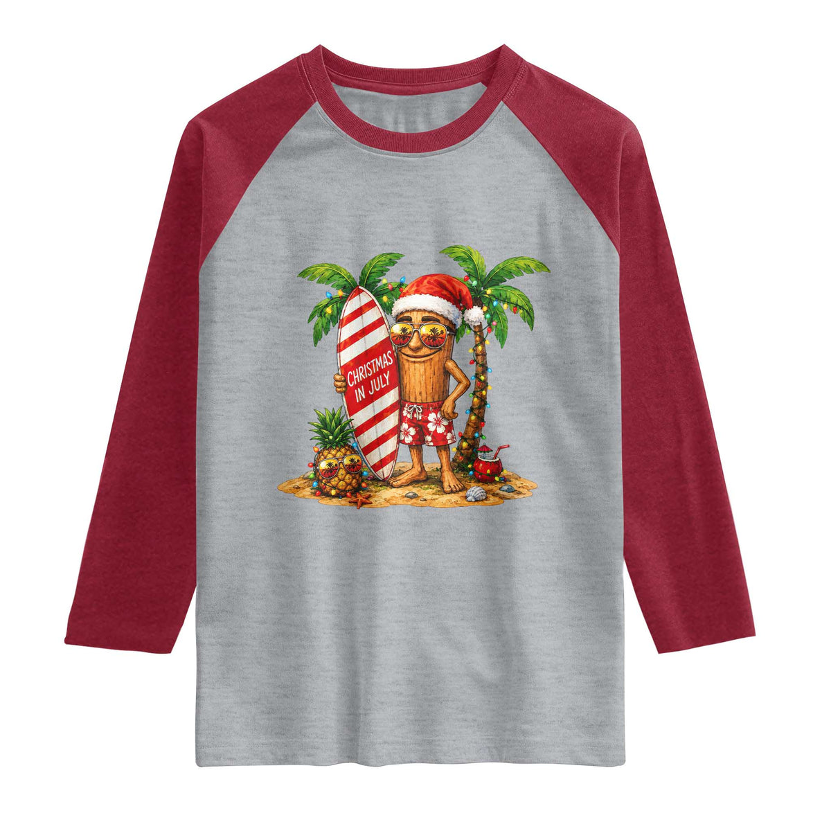 Funny Tung Tung Sahur Christmas In July Raglan Shirt Beach Party Vacation TS12 Heather Gray Heather Red Print Your Wear