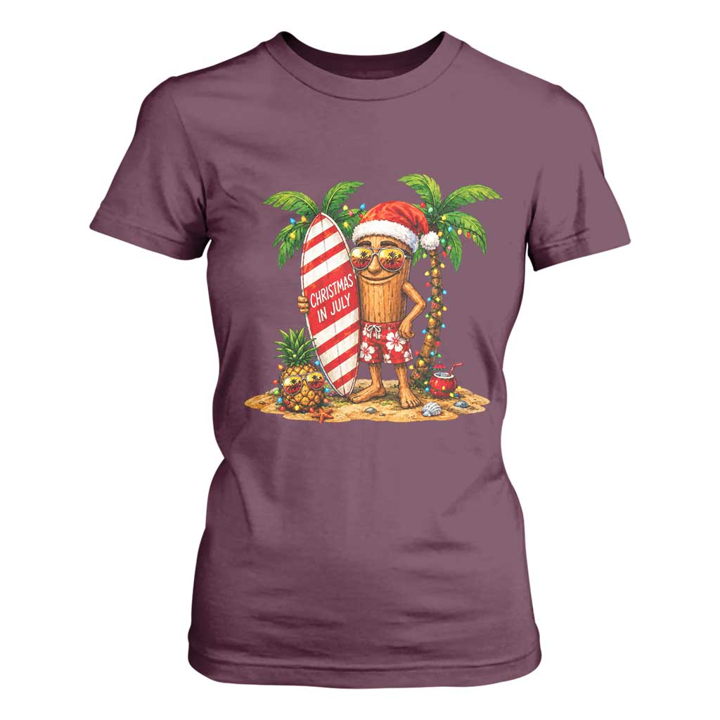 Funny Tung Tung Sahur Christmas In July T Shirt For Women Beach Party Vacation TS12 Maroon Print Your Wear