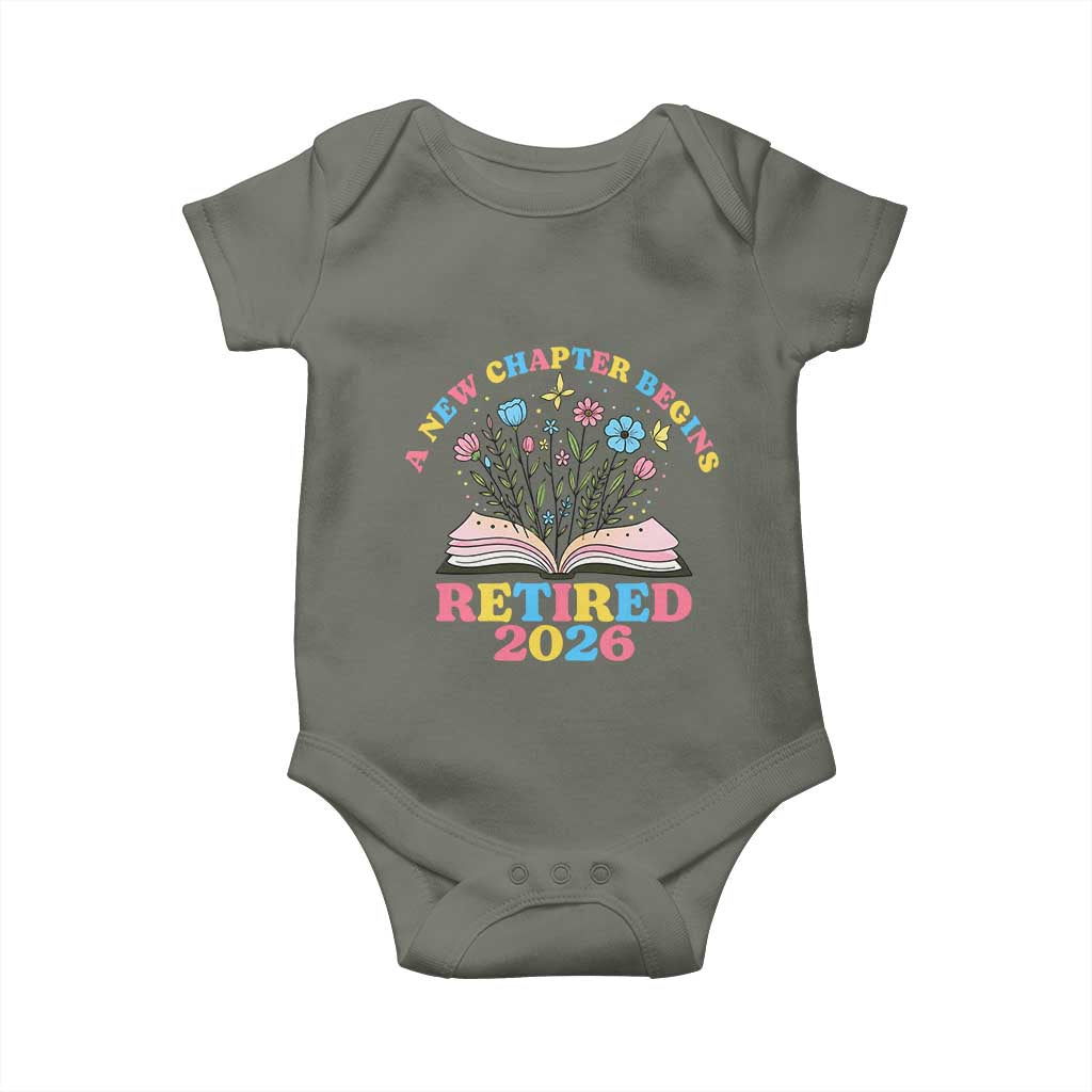 Women Retirement Life Baby Onesie Retired 2026 A New Chapter Begins Floral Book TS12 Military Green Print Your Wear
