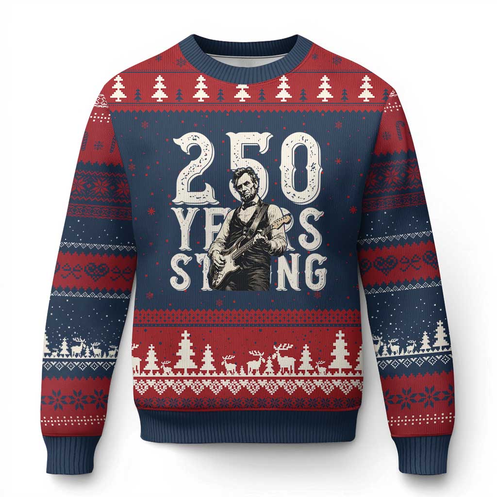 Vintage Abraham Lincoln Playing Guitar Ugly Christmas Sweater 250 Years Strong TS12 Navy Red Print Your Wear