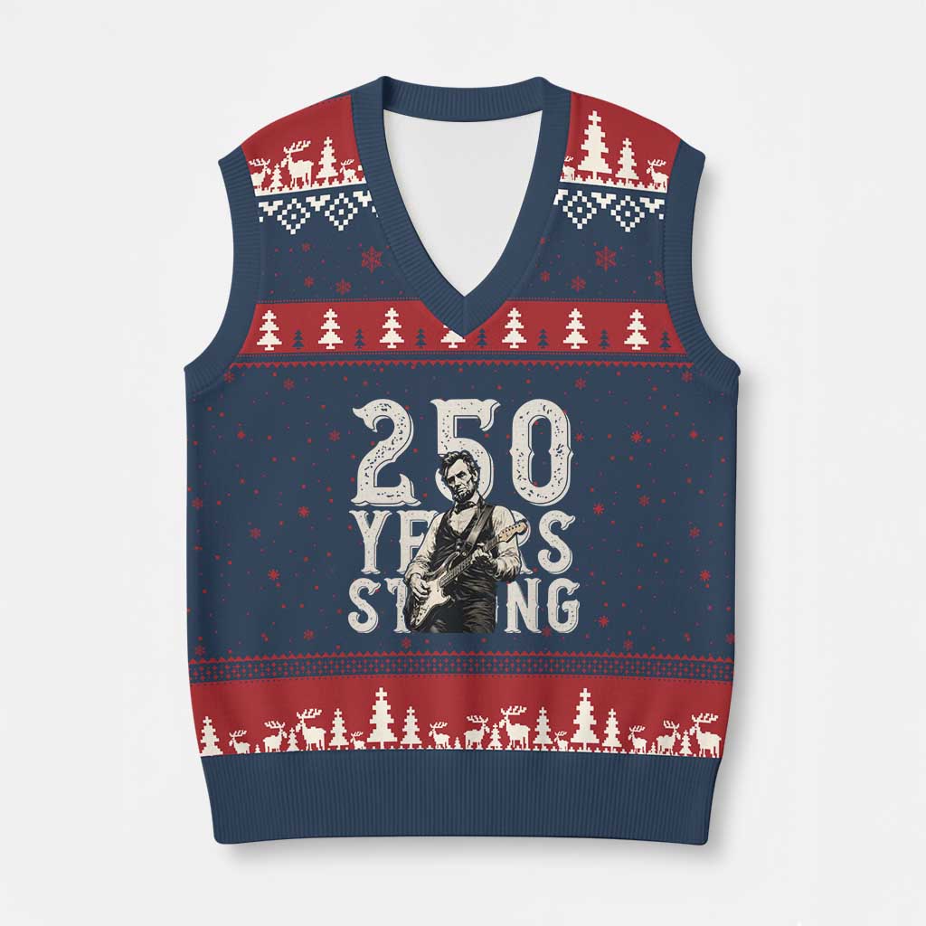 Vintage Abraham Lincoln Playing Guitar V-Neck Knit Sweater Vest 250 Years Strong TS12 Navy Red Print Your Wear