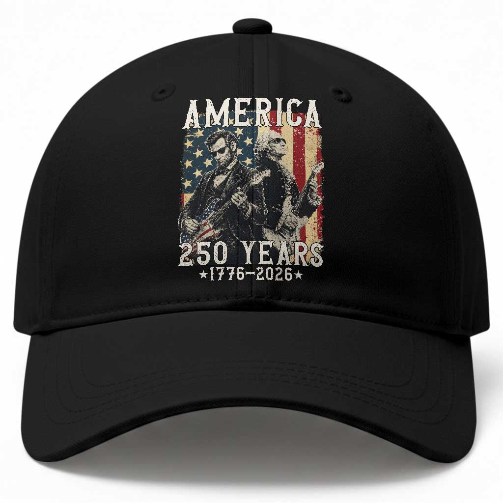 George Washington Abe Lincoln Playing Guitar Baseball Cap USA 250th Anniversary Guitarist Graphic